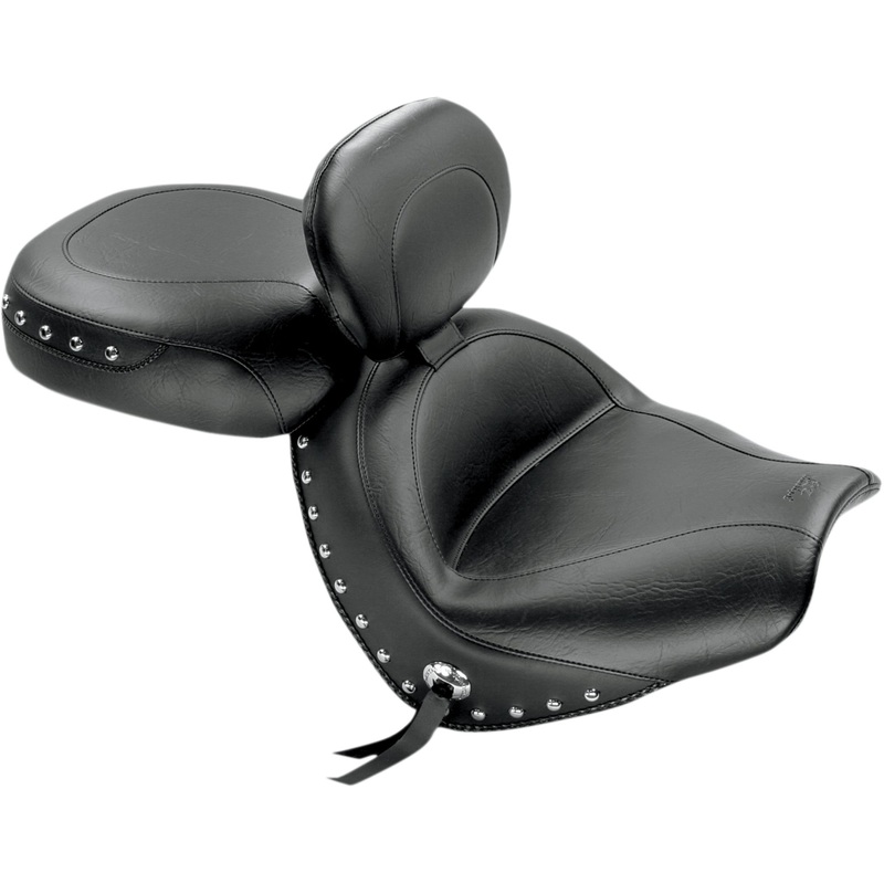 MUSTANG 0810-0675 79560 Wide Touring Seat with Driver Backrest Seat - Wide Touring - With Driver Backrest - Two-Piece - Chrome Studded - Black w/Conchos