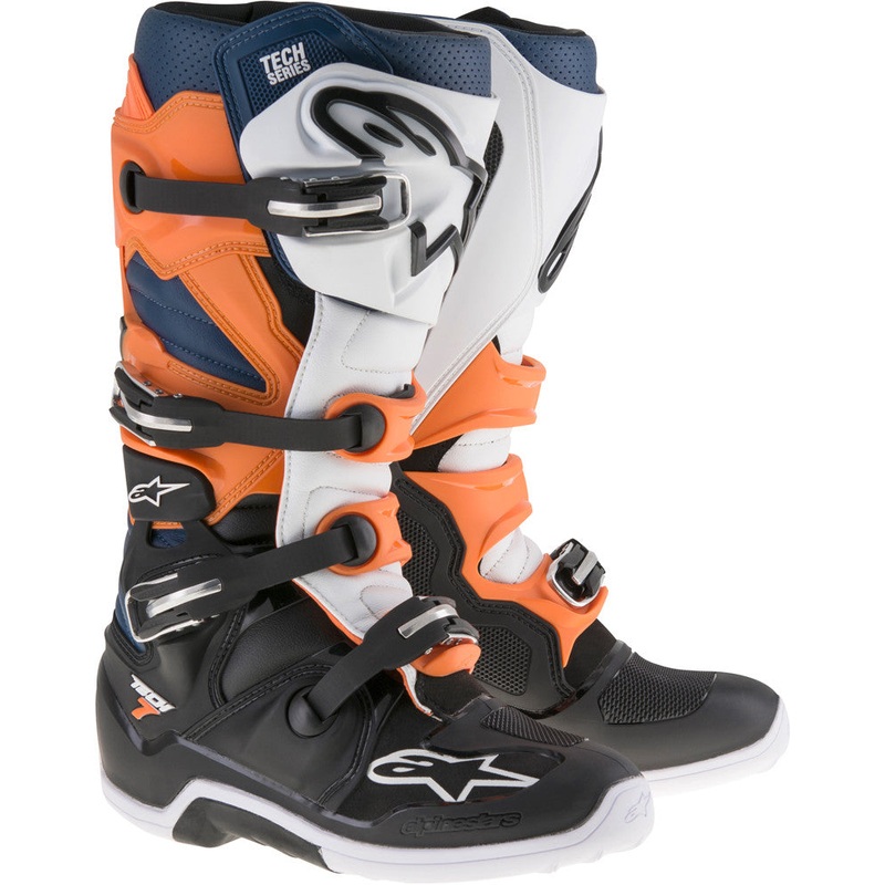 ALPINESTARS TECH 7 BOOTS BLACK/ORANGE/WHITE/BLUE SZ 10 2012014-1427-10