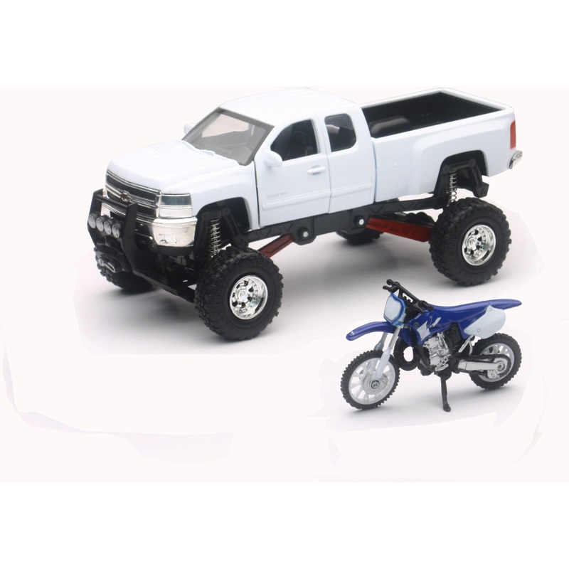 NEW-RAY REPLICA 1:43 TRUCK/RACE BIKE CHEVY WHITE/YAMAHA BIKE BLUE SS-54416