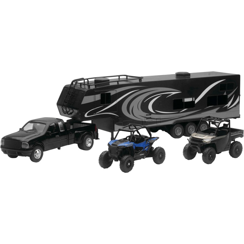 NEW-RAY REPLICA TRUCK/TOY HAULER/UTVS RAM DUALLY/TRAILER/POL UTV 37046
